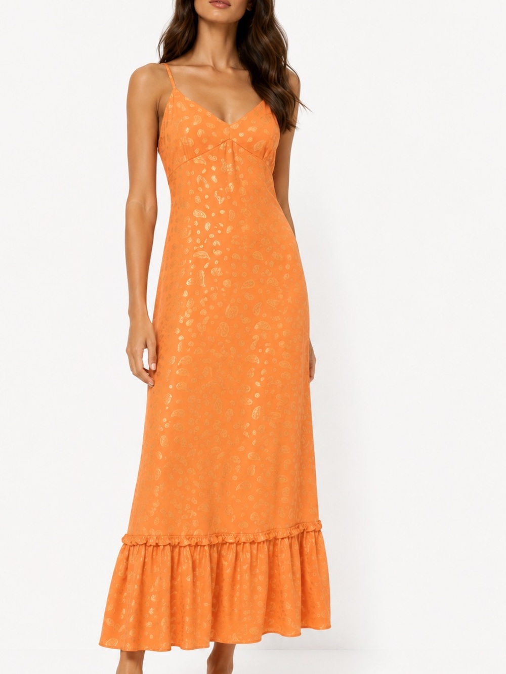 Michael Kors Orange & Gold Foil Paisley Jacquard Slip Maxi Dress with Ruffle Hem